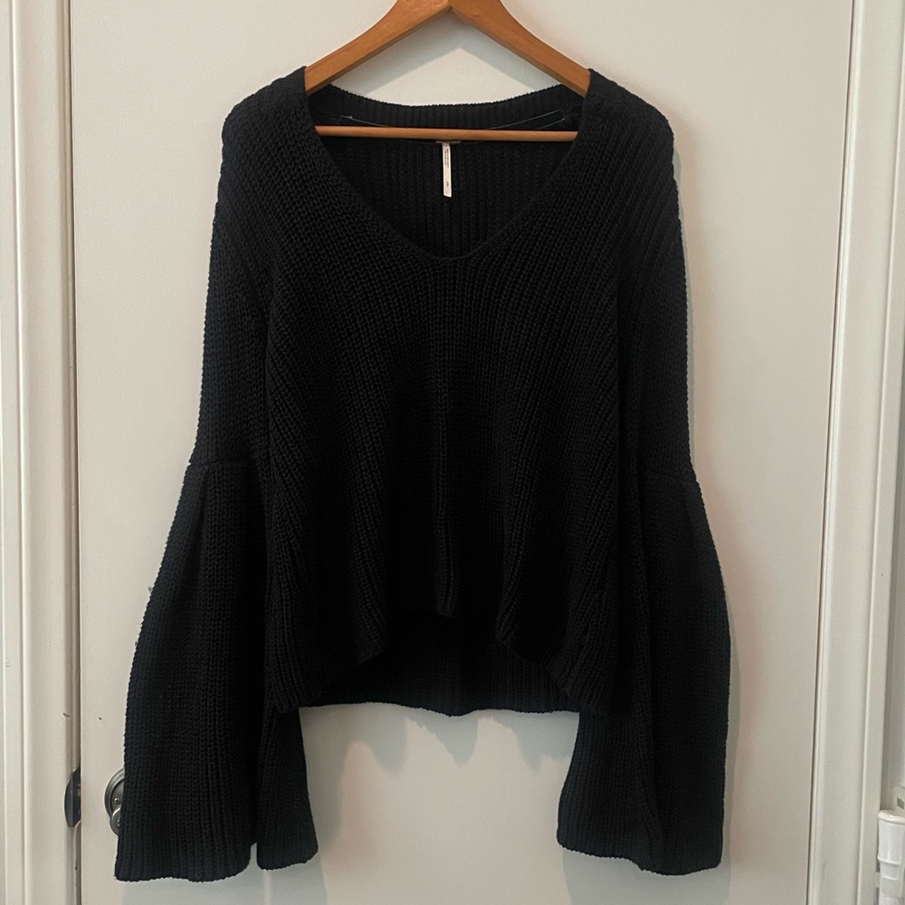 small free people black bell sleeve knit v neck sweater - Picture 2 of 5
